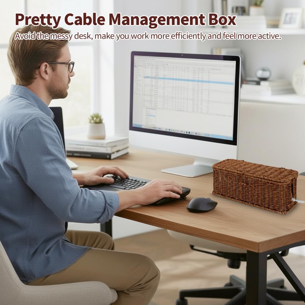 Desk Handwoven Rattan Cord Hider Cable Organizer Box / Brown