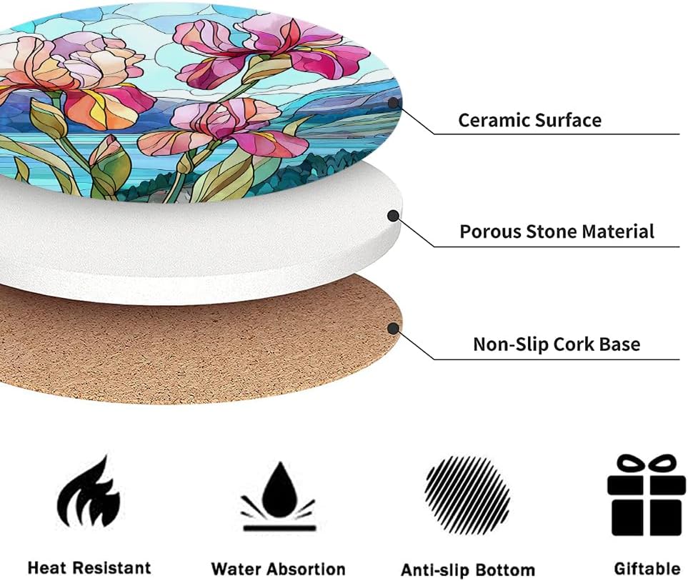 Holder / Drink Absorbent Coasters / Stained Glass Flowers / Round / Set of 6