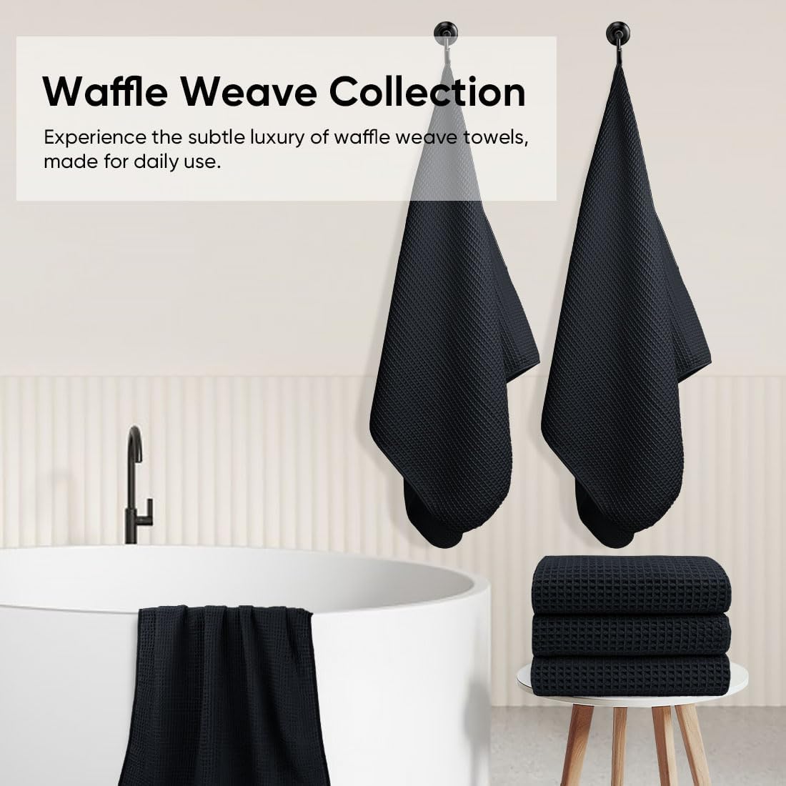 HOMEXCEL Black Waffle Bath Towels Set of 4 Pack, Waffle Towels for Bathroom | 400GSM Microfiber Waffle Bathroom Towel