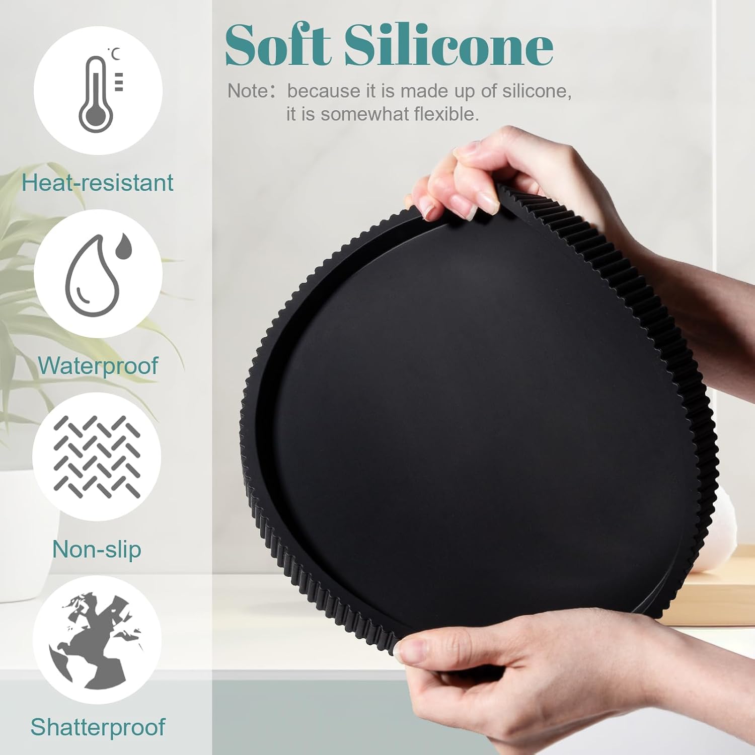 Silicone Bathroom Tray Round Kitchen Counter Organizer Decorative Vanity / Black / Set of 10