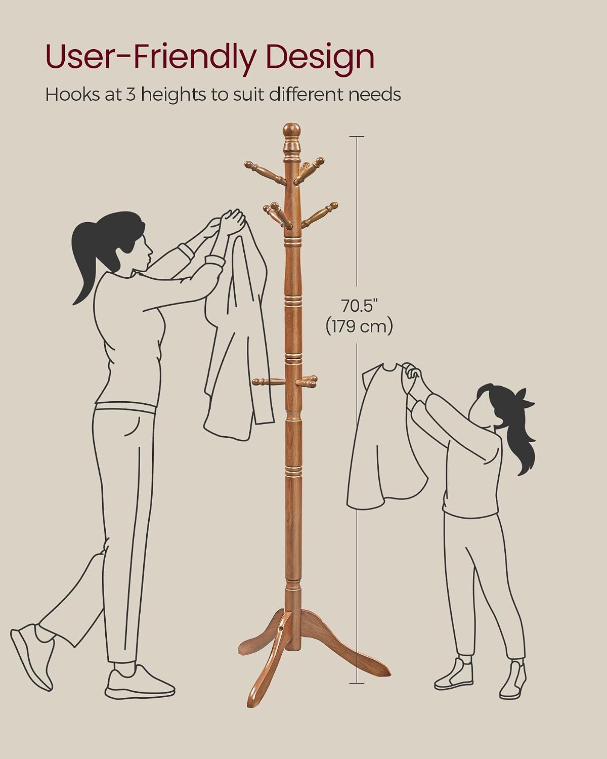 VASAGLE Solid Wood Coat Rack and Stand, Free Standing Hall Coat Tree with 10 Hooks for Hats, Bags, Purses, for