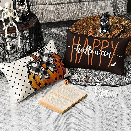 AVOIN colorlife Happy Halloween Cute Ghost Trick or Treat Throw Pillow Covers, 12 x 20 Inch Polka Dot Pumpkin Bat Cushion Case for Sofa Couch Set of 4 Black