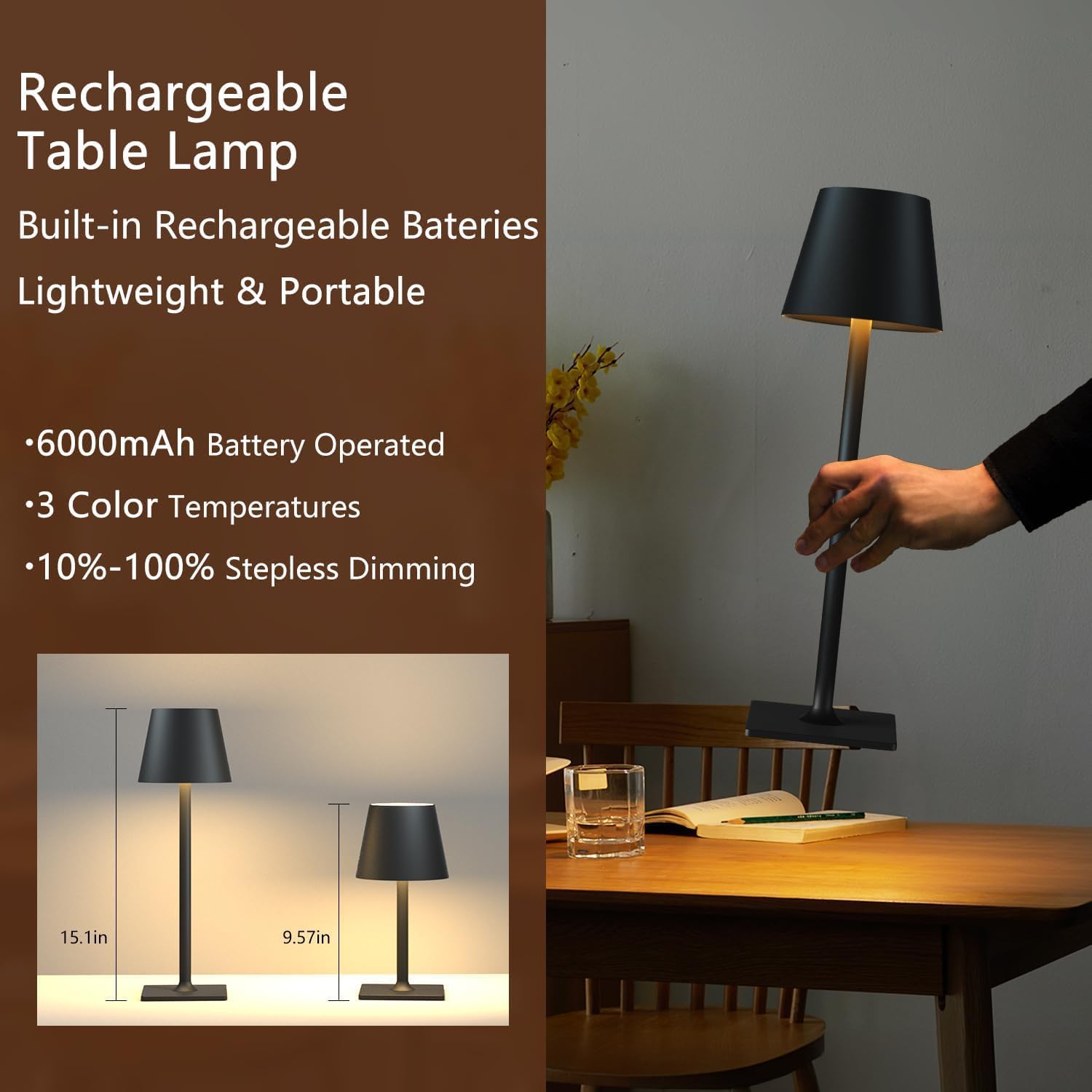 Fizrice Cordless Table Lamp Rechargeable Black 4 Pack Battery Operated