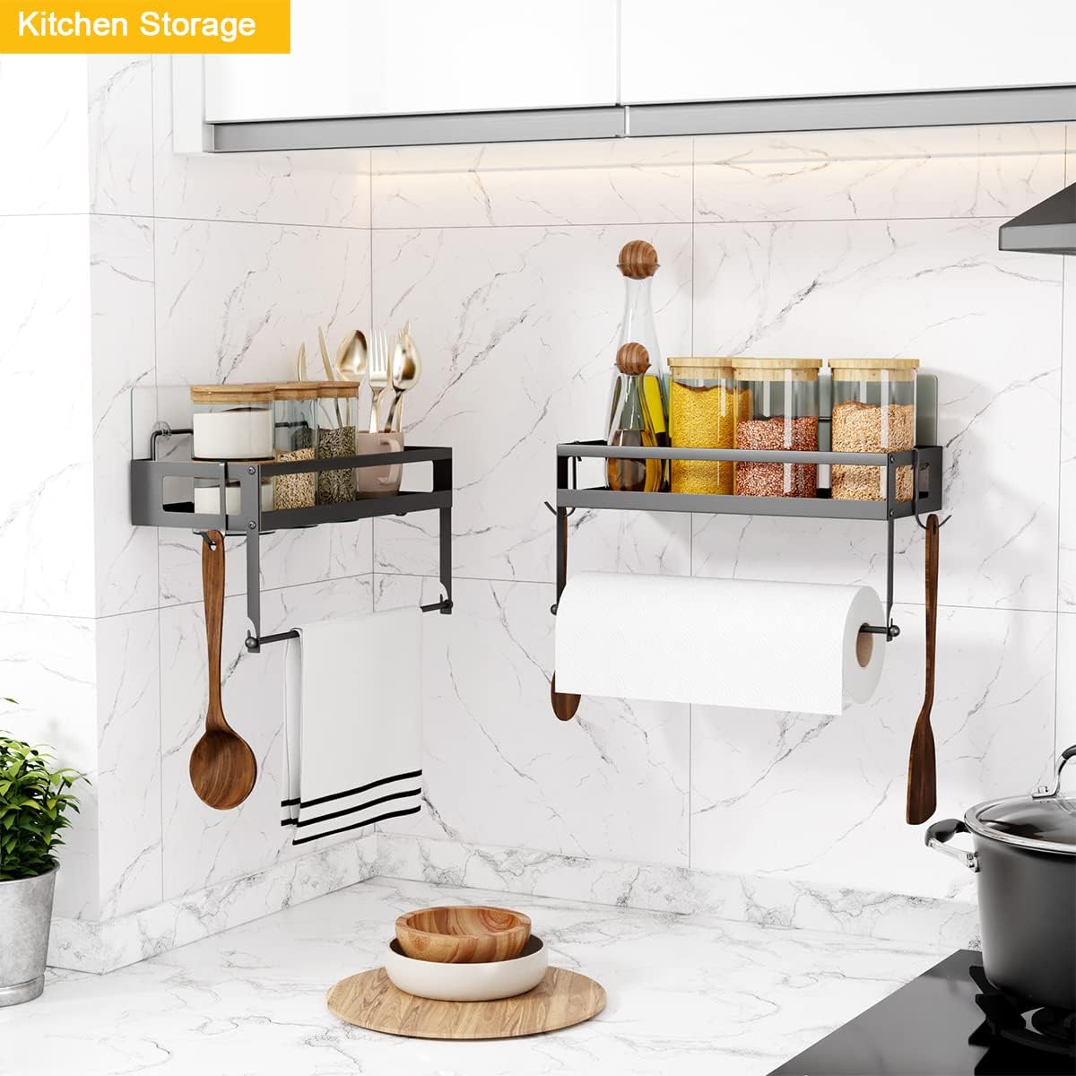 Paper Towel Holder with Shelf, Adhesive No Drill Heavy Duty | SS304 2-in-1 rack & basket, rustproof matte black.