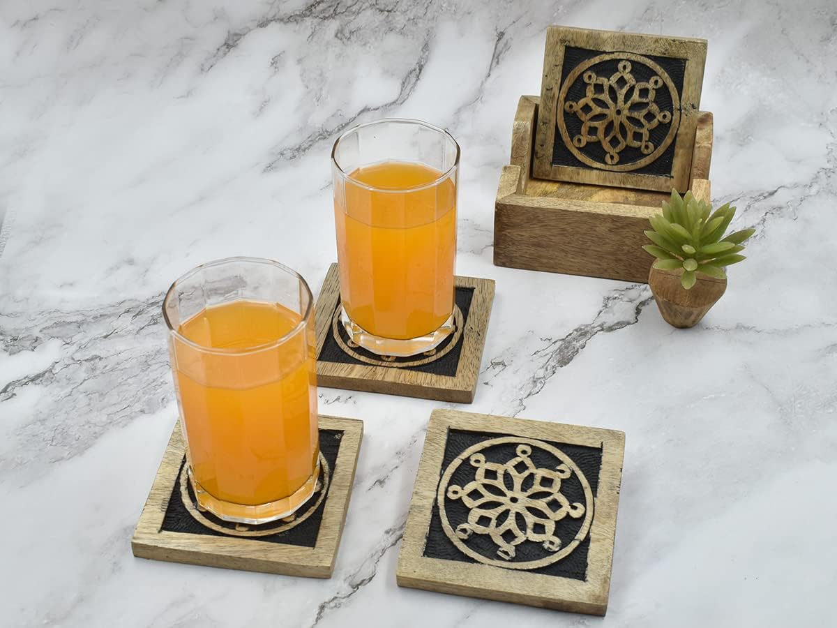 Holder for Tea Coffee Beer Wine Glass Drinks Tabletop Protection / Black-mandala Carving / Set of 4