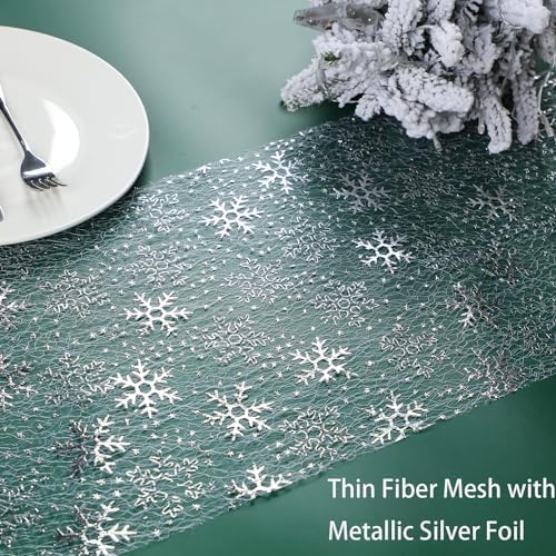 Snowkingdom Christmas Snowflake Silver Table Runner 11 Inch x 100 Feet Sparkly Silver Foil Glitter Metallic Mesh Dining Table Decorations for Seasonal Winter Xmas Festival Holiday Home Party
