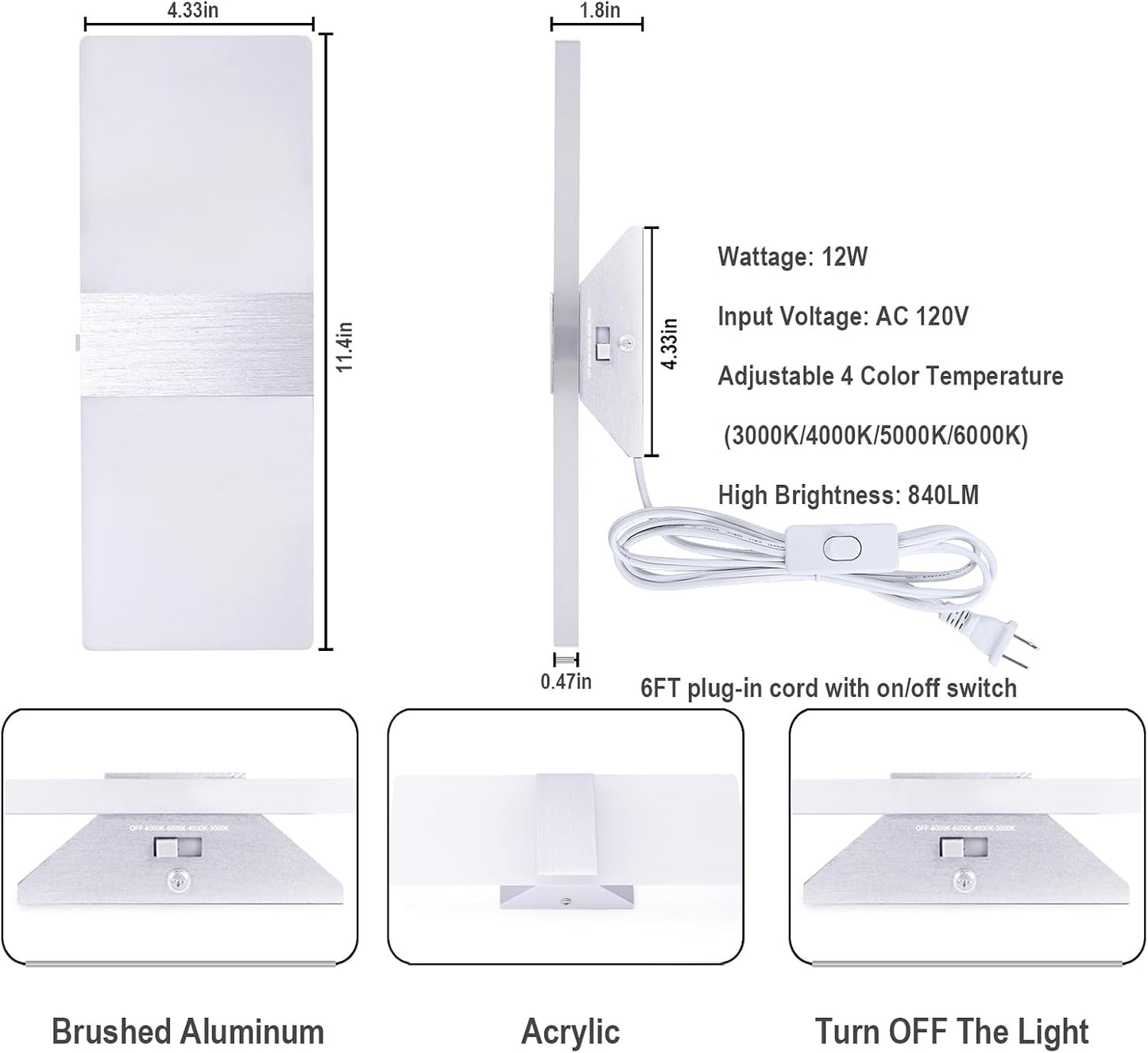 TRLIFE Wall Sconces Plug in, Adjustable 4 Color Temperature Modern LED Wall Sconce, 12W Acrylic Wall Mounted Light Set