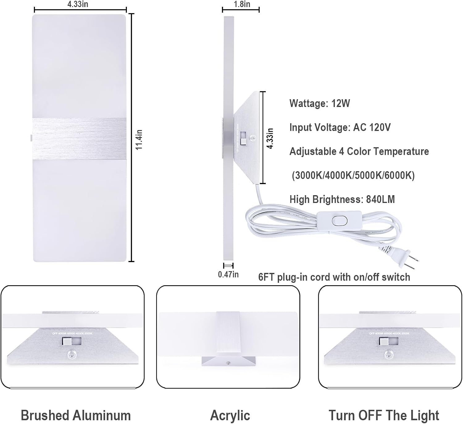 TRLIFE Wall Sconces Plug in, Adjustable 4 Color Temperature Modern LED Wall Sconce, 12W Acrylic Wall Mounted Light Set