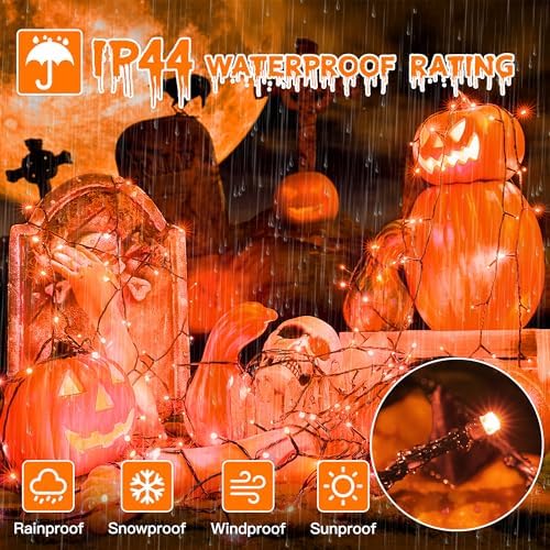 Guhope 66FT 200 LED Halloween Lights, Orange Halloween Lights Outdoor with 8 Lighting Modes, Waterproof String Lights for Halloween Christmas Outdoor Party Yard Garden Decoration