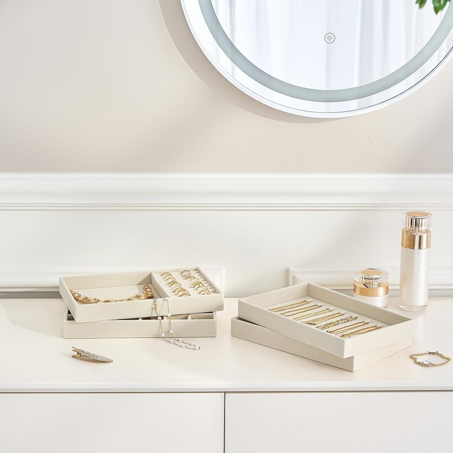 Stackable Jewelry Organizer Trays for Drawers / 4 Layers / Beige
