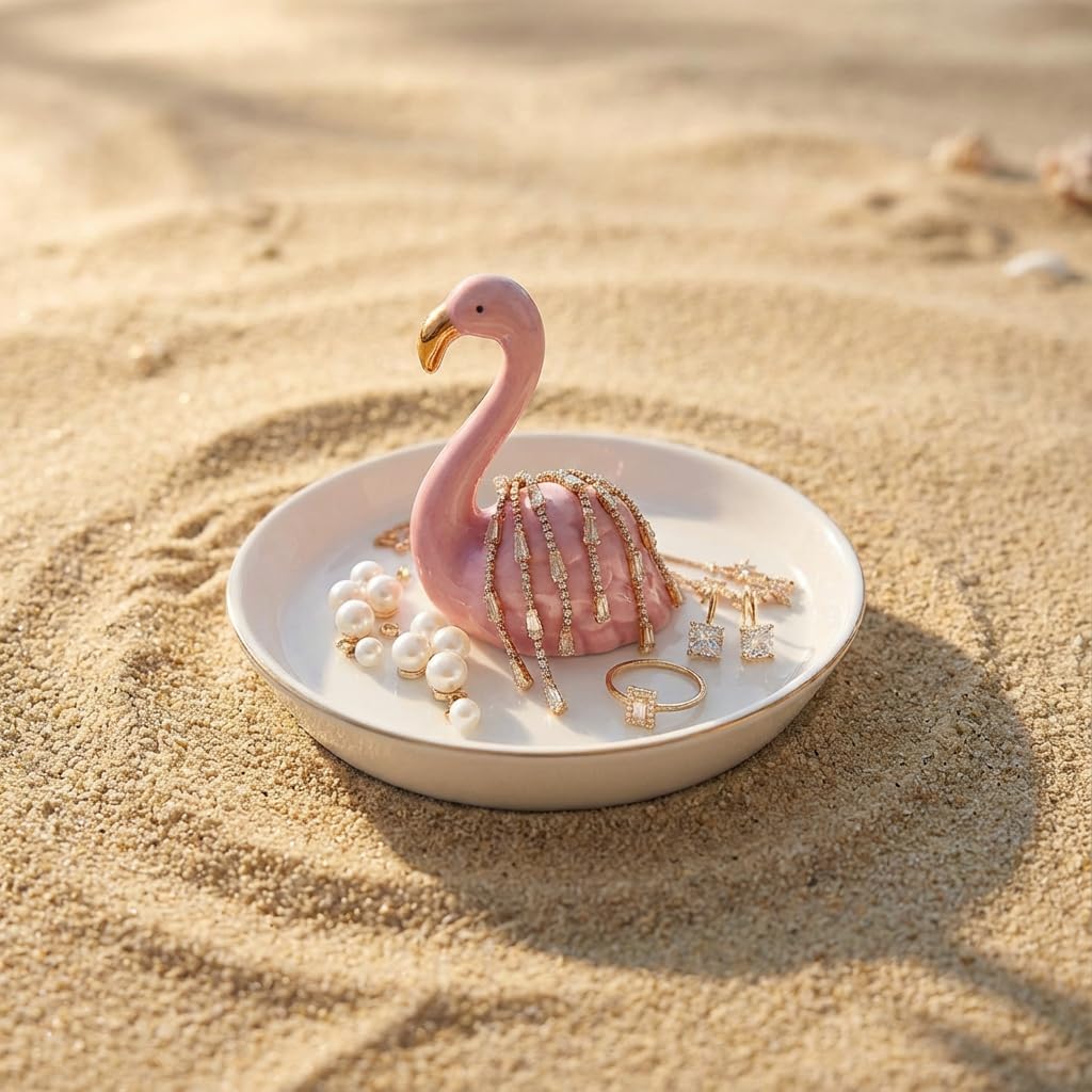 Jewelry Holder & Ceramic Ring Dish / Flamingo / Pink