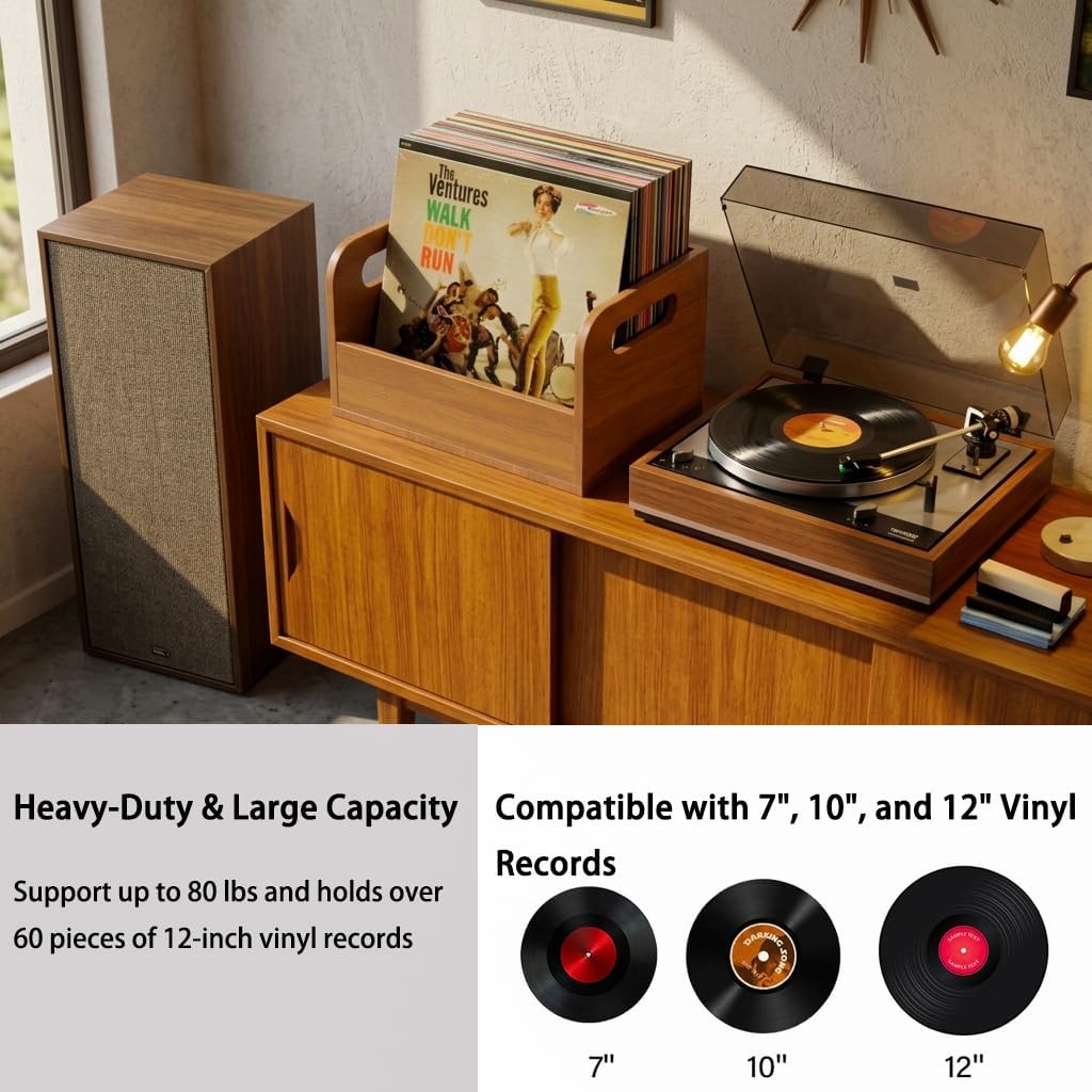 100% Solid Wood Vinyl Record Storage Retro & Sturdy Wooden Vinyl Crate | Vinly Record Holder for Albums Books Files
