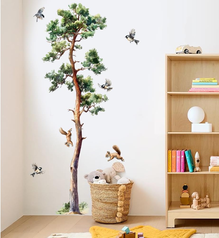 Wall Decals Large Tree Birds Wall Stickers Peel and Stick Wall Art Decals / Pine Tree / Green