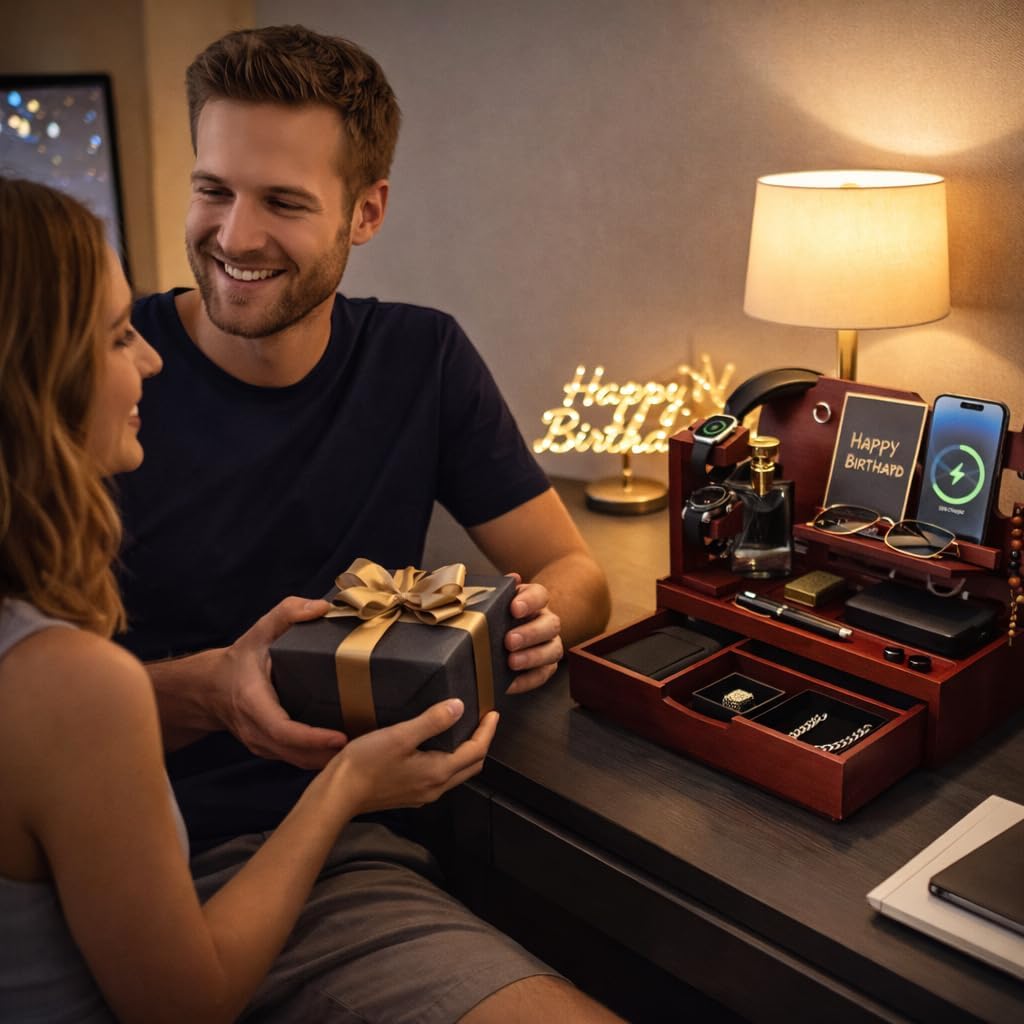 Nightstand Organizer for Men with Large Drawer, Wood Phone Docking Station for Phone, Apple Watch, Wallet & Keys, Ideal