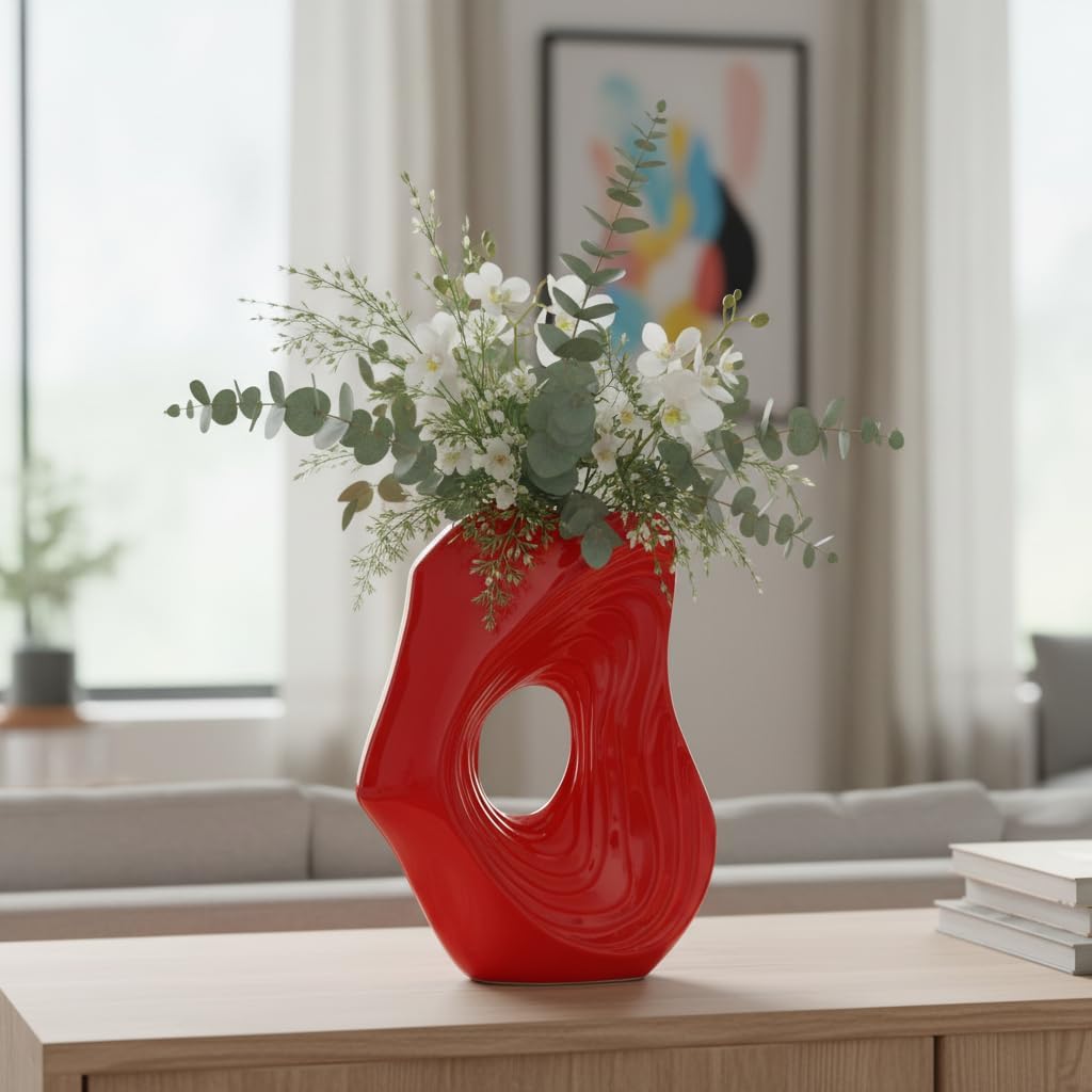 Ceramic Vase / Modern Decorative Vase for Flowers / Red / 11 Inch