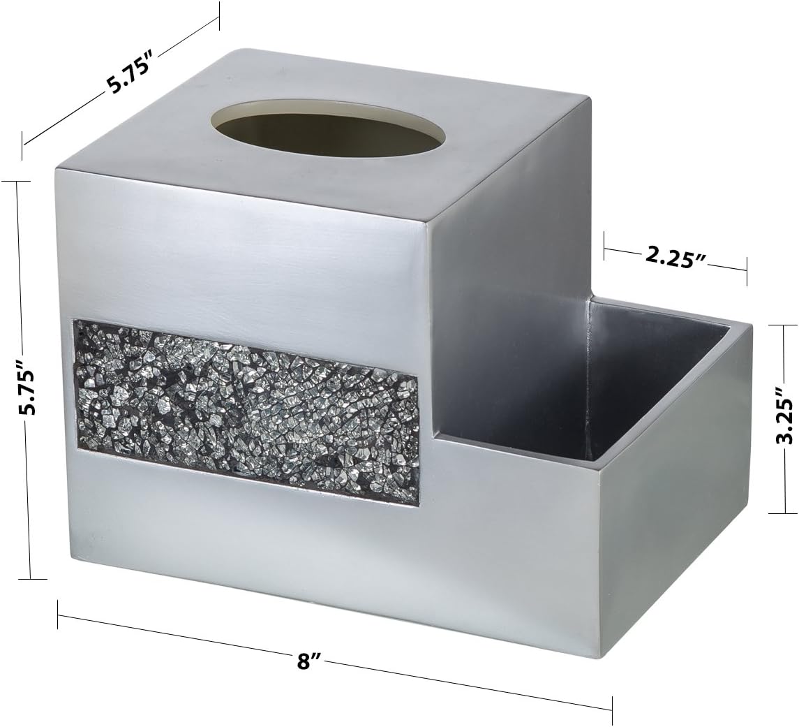 Crackled Glass Tissue Box Cover Square Silver Decorative Multi-function Storage Organizer Caddy; Tissue Box Holder &