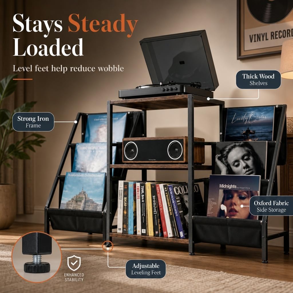 Record Player Stand with Storage, Vinyl Record Holder with Power Outlet | Holds 280 Albums, Vinyl Record Storage
