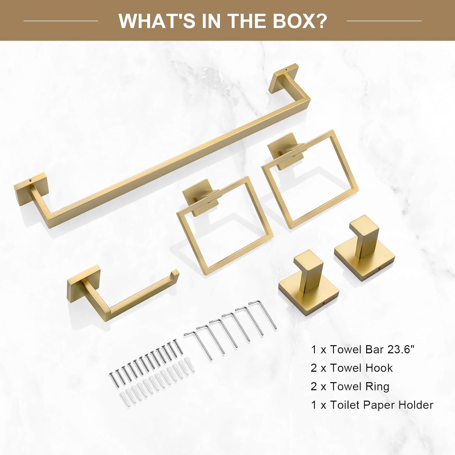 TQKAG 6-Piece Bathroom Towel Bar Sets Brushed Gold 23.6 inch Towel Bar Stainless Steel Towel Ring Coat Hook and Toilet