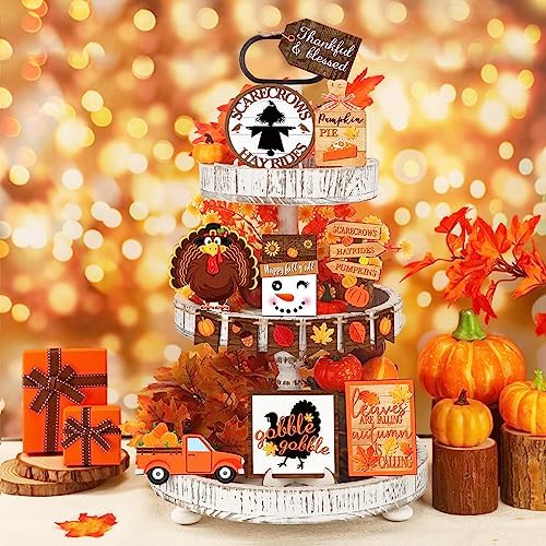 FairySandy 14 Pcs Fall Thanksgiving Tiered Tray Decor Set, Turkey Wood Sign