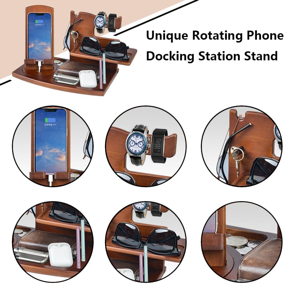 Gifts for Men, Fathers Day Wood Phone Docking Station for Dad, Desk or Nightstand Organizer, Mens Gifts for Husband