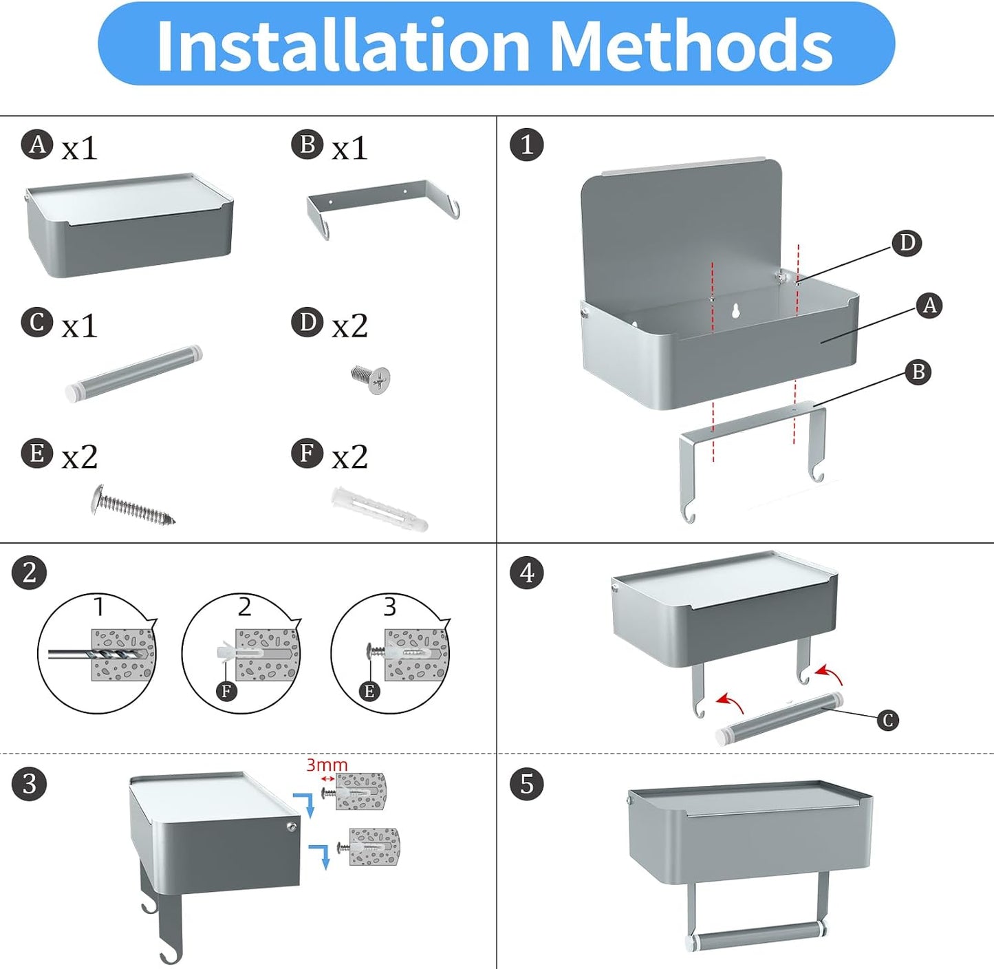 JUYSON Toilet Paper Holder, Toilet Paper Holder with Shelf, Grey | Wall Mount, SUS304 Stainless Steel, Flushable Wipes