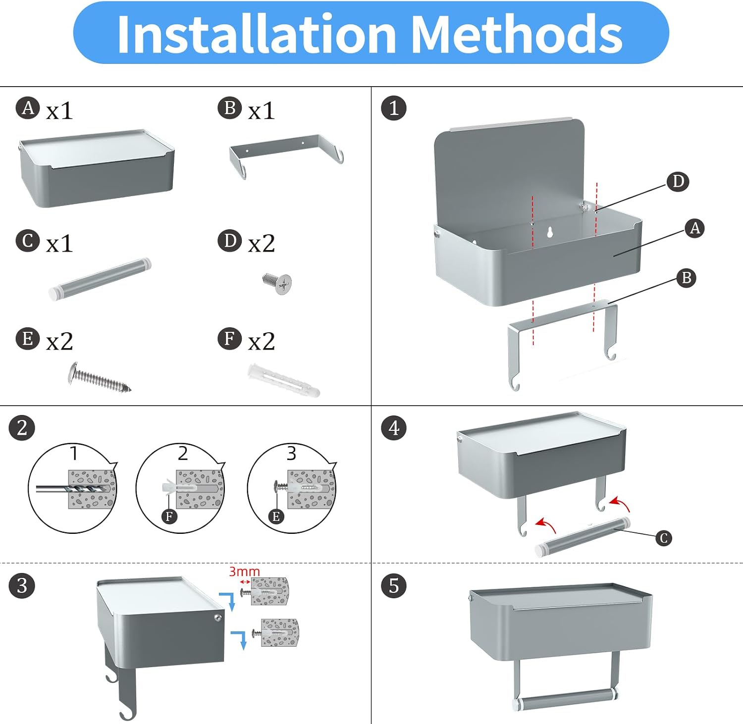 JUYSON Toilet Paper Holder, Toilet Paper Holder with Shelf, Grey | Wall Mount, SUS304 Stainless Steel, Flushable Wipes