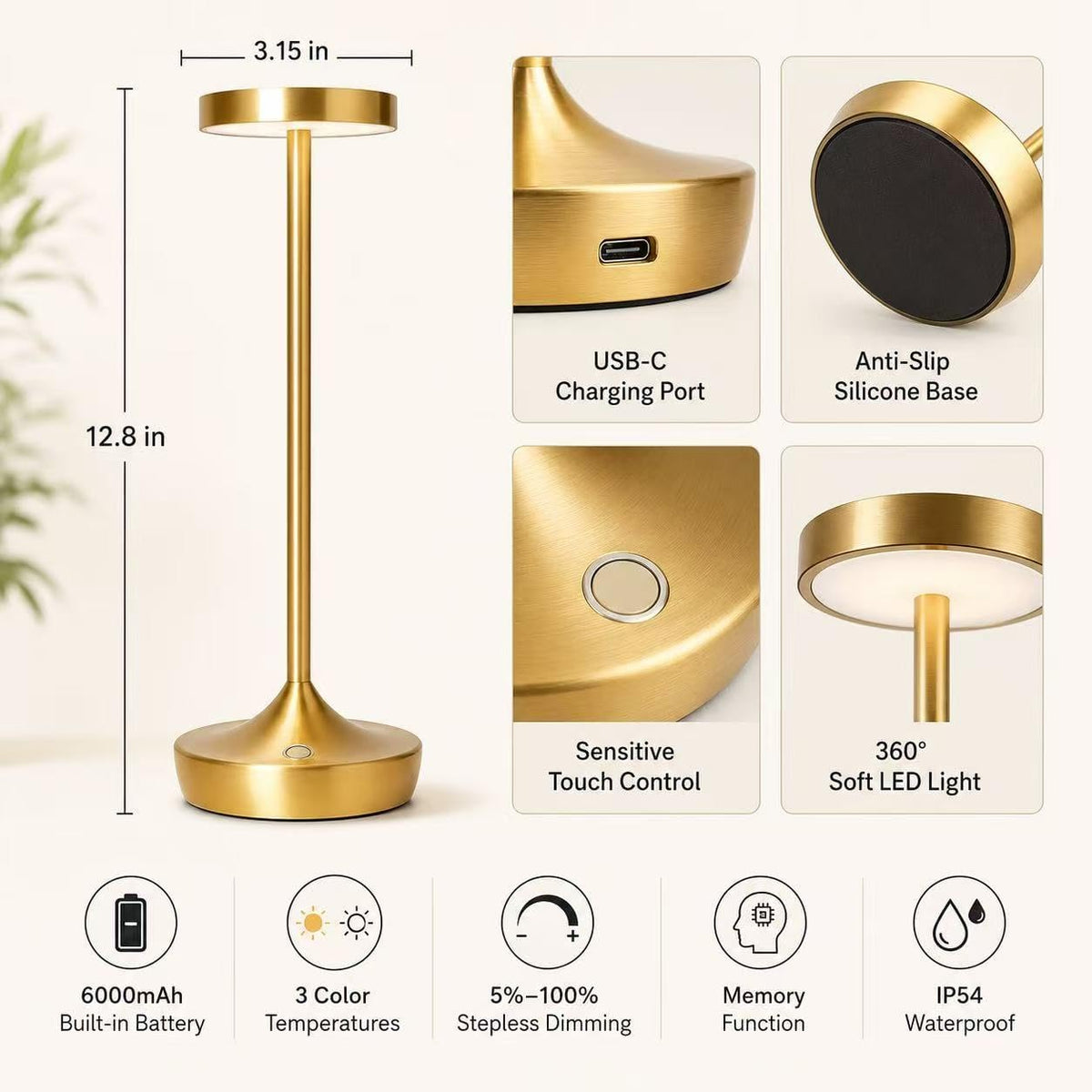 2 Pack Rechargeable Cordless Table Lamps 6000mAh LED Battery Table Light | Outdoor Waterproof Portable Battery Operated