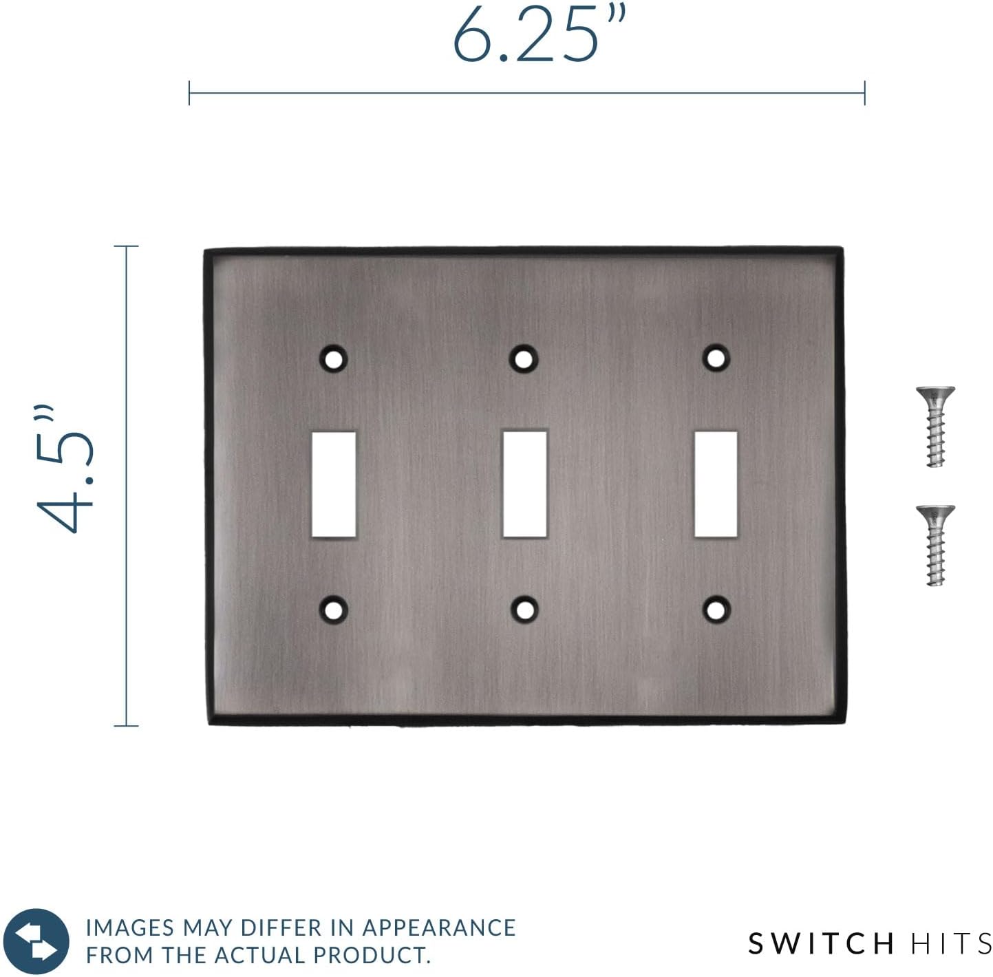 Antique Pewter Outlet Wall Plate | 3 Toggle | 6.25" x 4.5" | Hand-Polished Brass Construction | Electrical Switch Plate