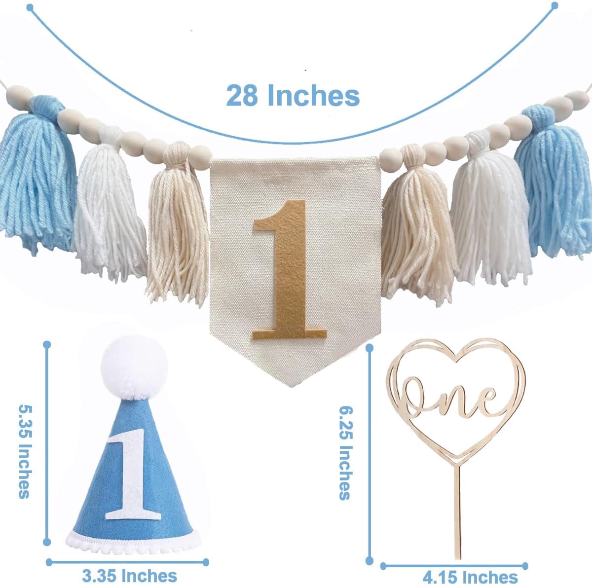First Birthday Party Decorations Highchair Wood Bead Tassel Garland 1st / Khaki Banner / Blue