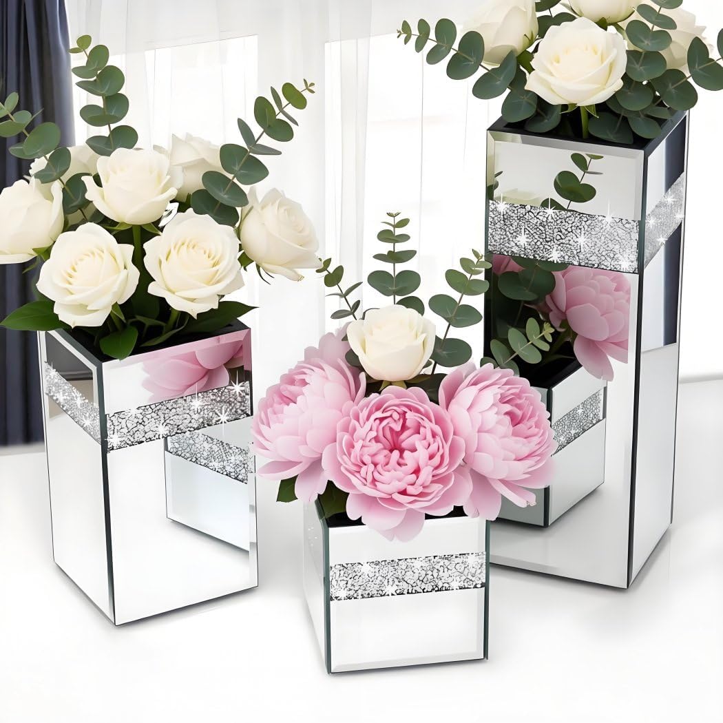 Crushed Diamond Mirrored Vase Pieces Small Middle Large. Crystal / 6 x 6 x 6 / Silver / Set of 3
