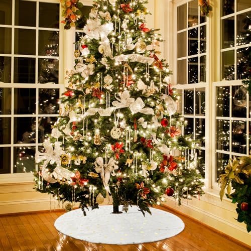Christmas Tree Skirt Velvet White 48 inch Large Soft Christmas Tree Mat with Gold Star Pattern for Indoor Outdoor Xmas Holiday Party Decoration