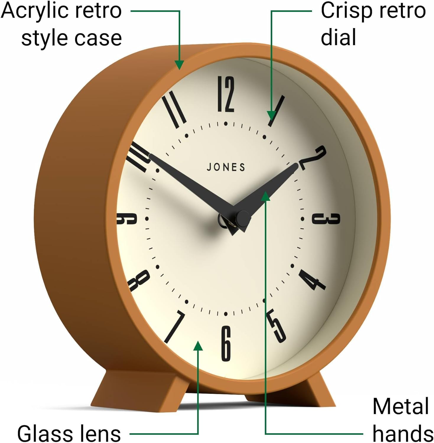 JONES CLOCKS® Venus Desk Clock | Modern Round Design | Mustard Yellow | Stylish Retro Look for Shelf, Table, Mantel or