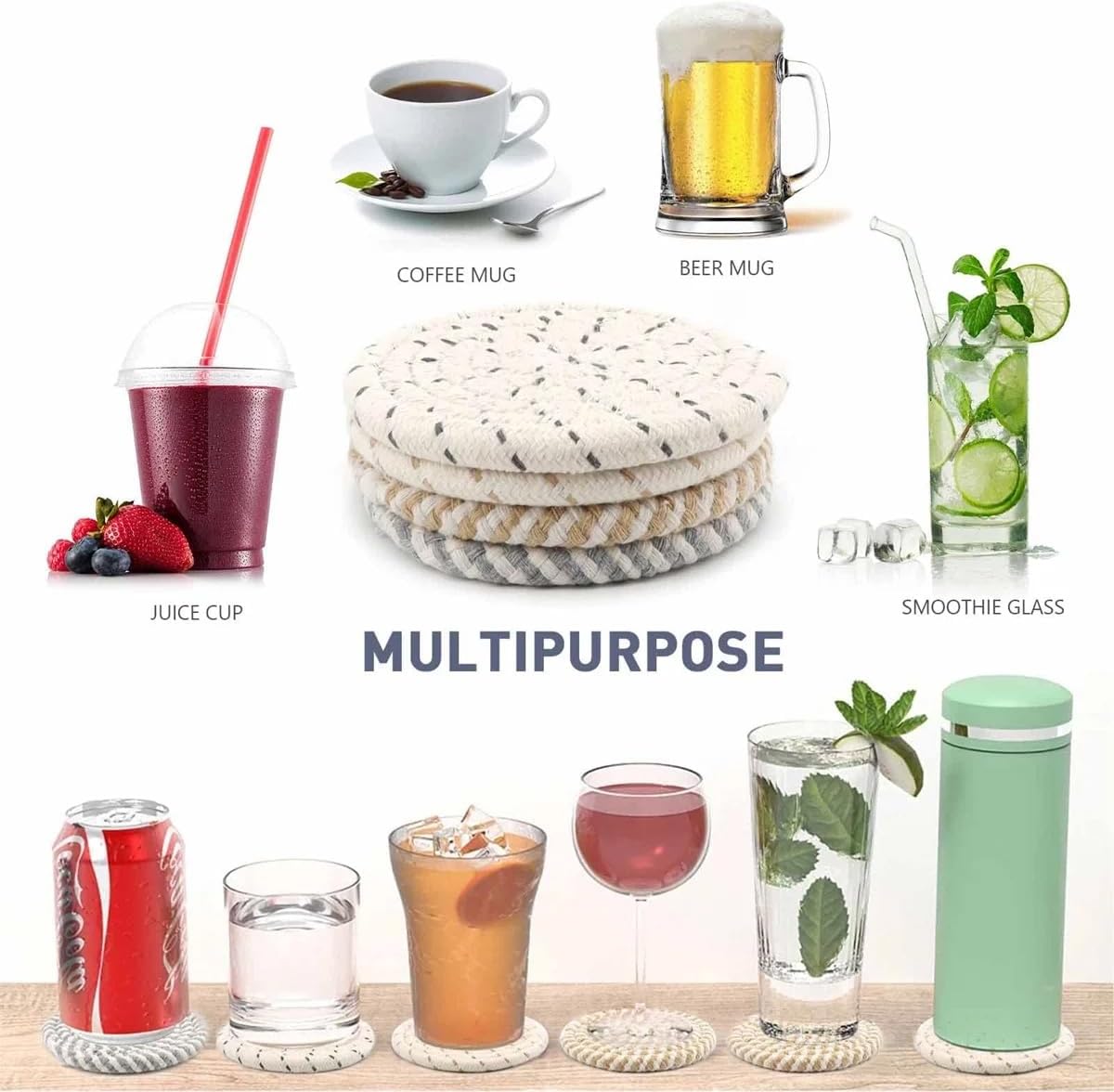 Metal Holder / Boho Woven Absorbent Coaster Set 8 Colors Heat Resistant Coasters / Set of 16