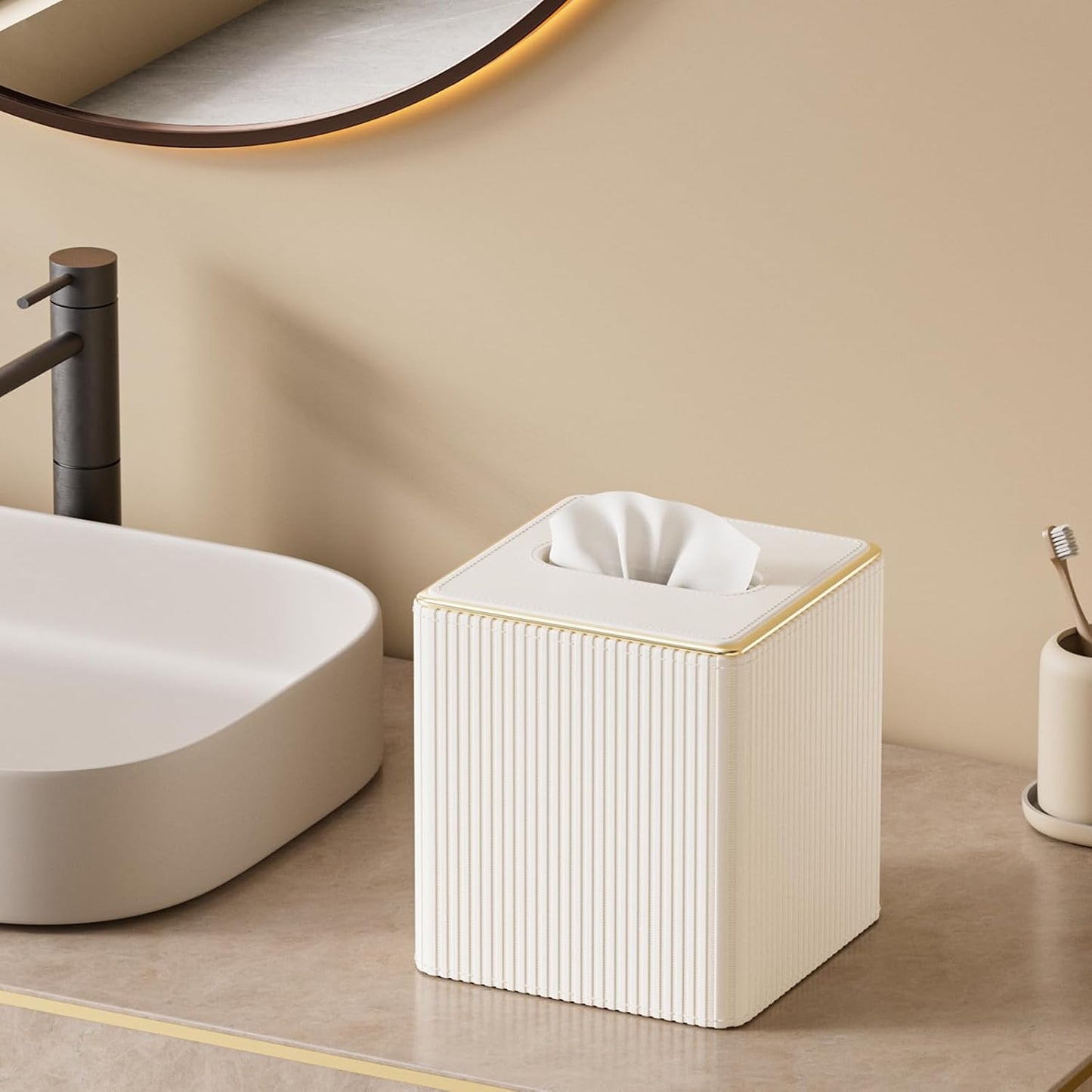 PU Leather Tissue Cover / Cream White / Square