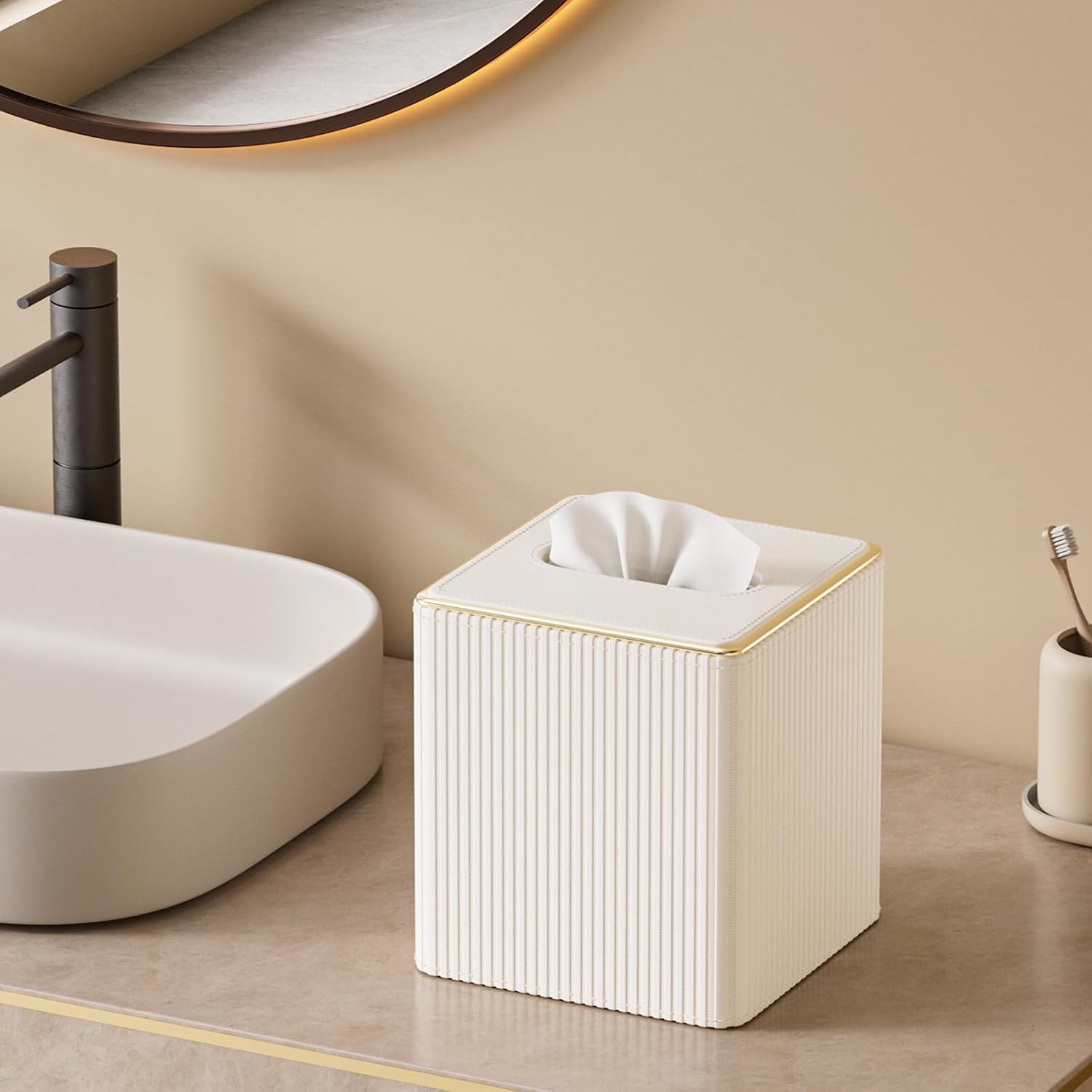 PU Leather Tissue Cover / Cream White / Square