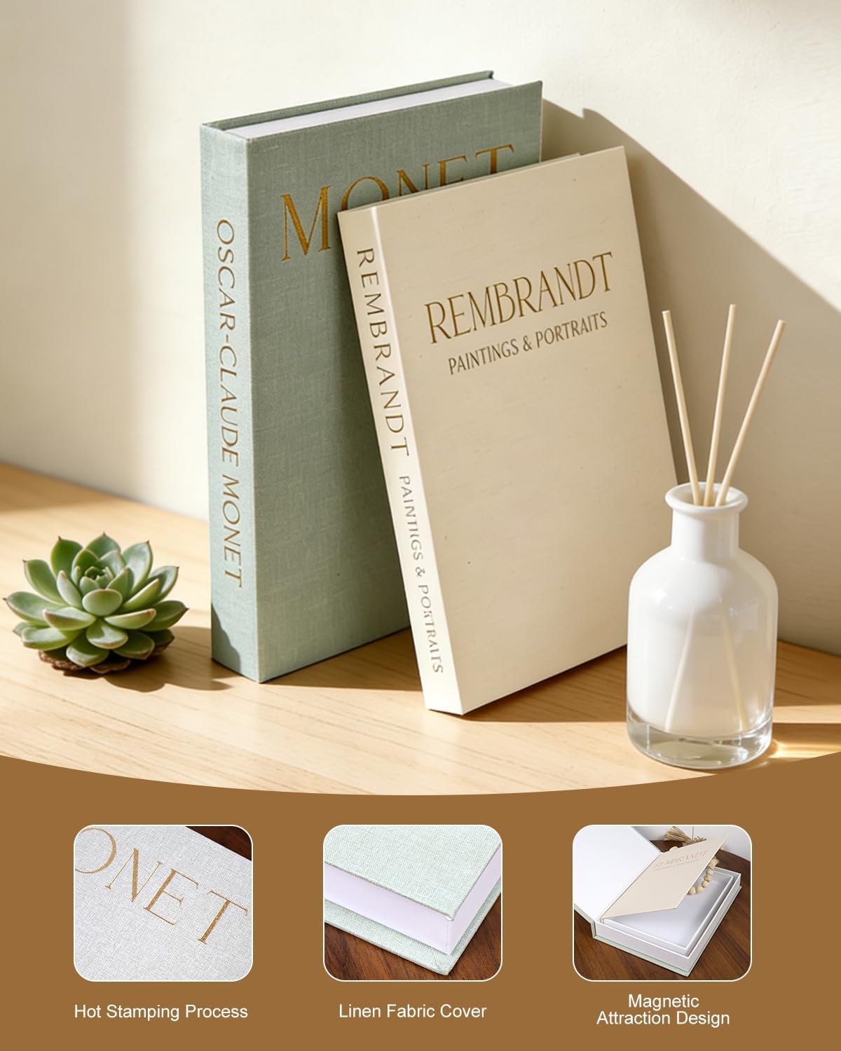 2 Linen Faux/Fake Books / Sage Green + Beige