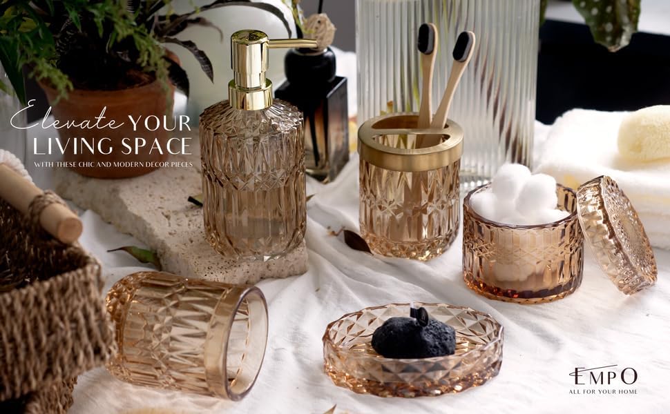 EMPO 6PCS Bathroom Clear Glass Accessories Set (Lotion Soap Dispenser, Soap Dish, Toothbrush Holder, Tumbler, Cotton