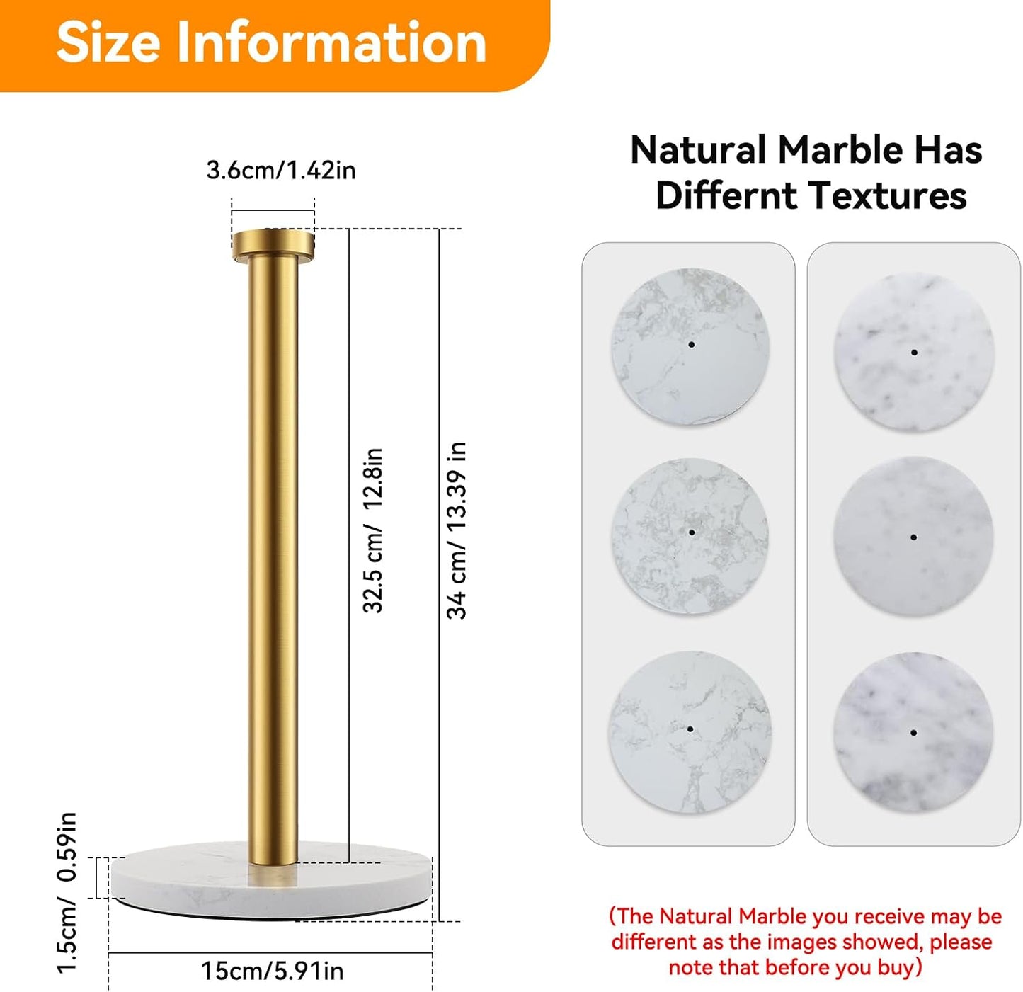 Gold Paper Towel Holder, with Anti Slip Weighted Marble Base | Stainless Steel, One Handed Operation, Countertop Towel