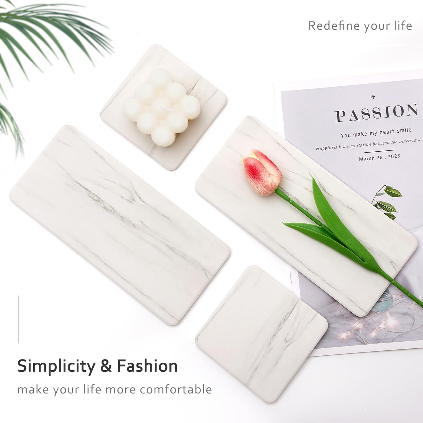 Water Absorbing Stone Drying Tray / White Marble / Set of 4