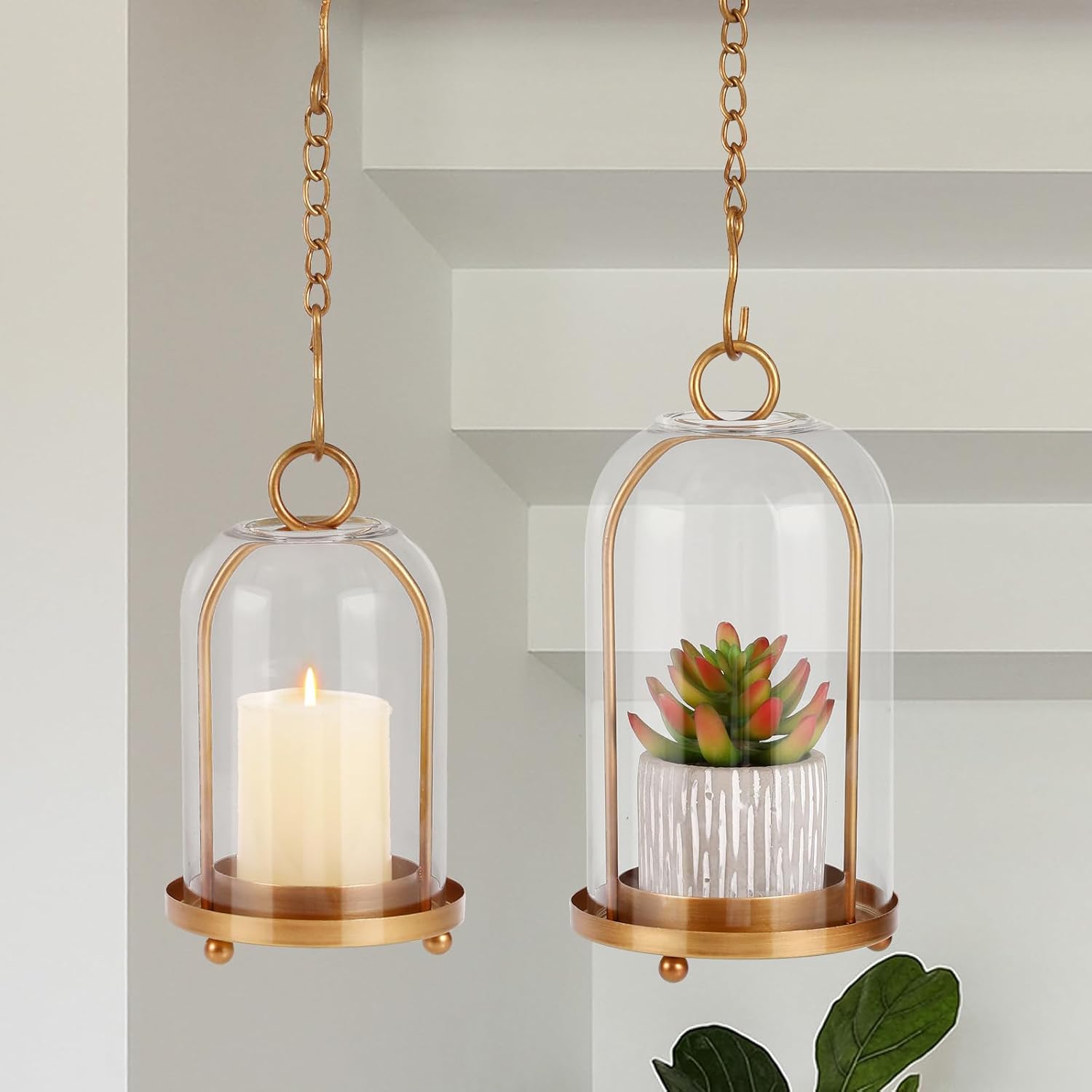 Vintage Brass Metal Candle Lantern with Thick Glass Dome Set of 2 | Shabby Chic Style Candle Holders (5.25"x10" &