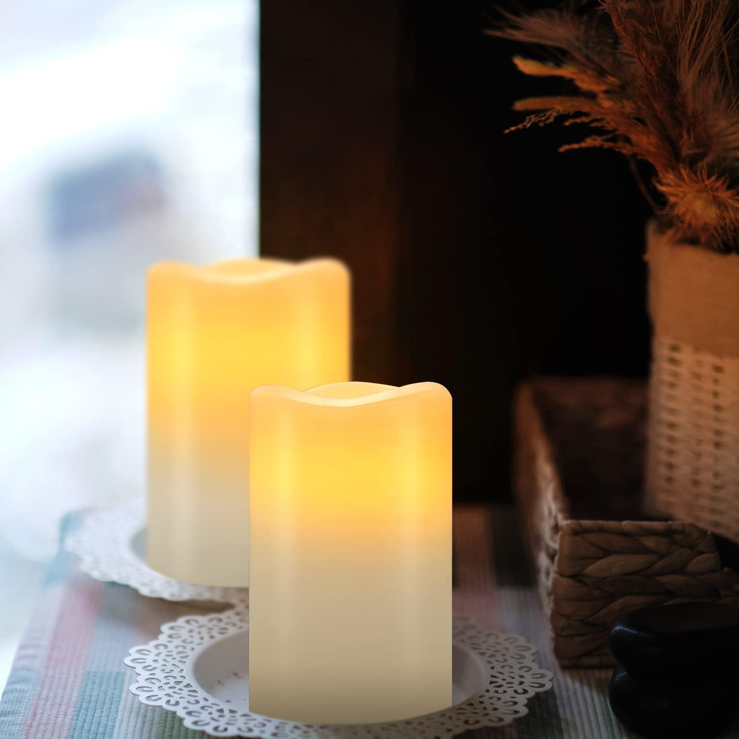 Hausware Flameless Candles Battery Operated Candles Set of 12 (D: 3" x H: 4") Real Wax Pillar Flickering Candles LED
