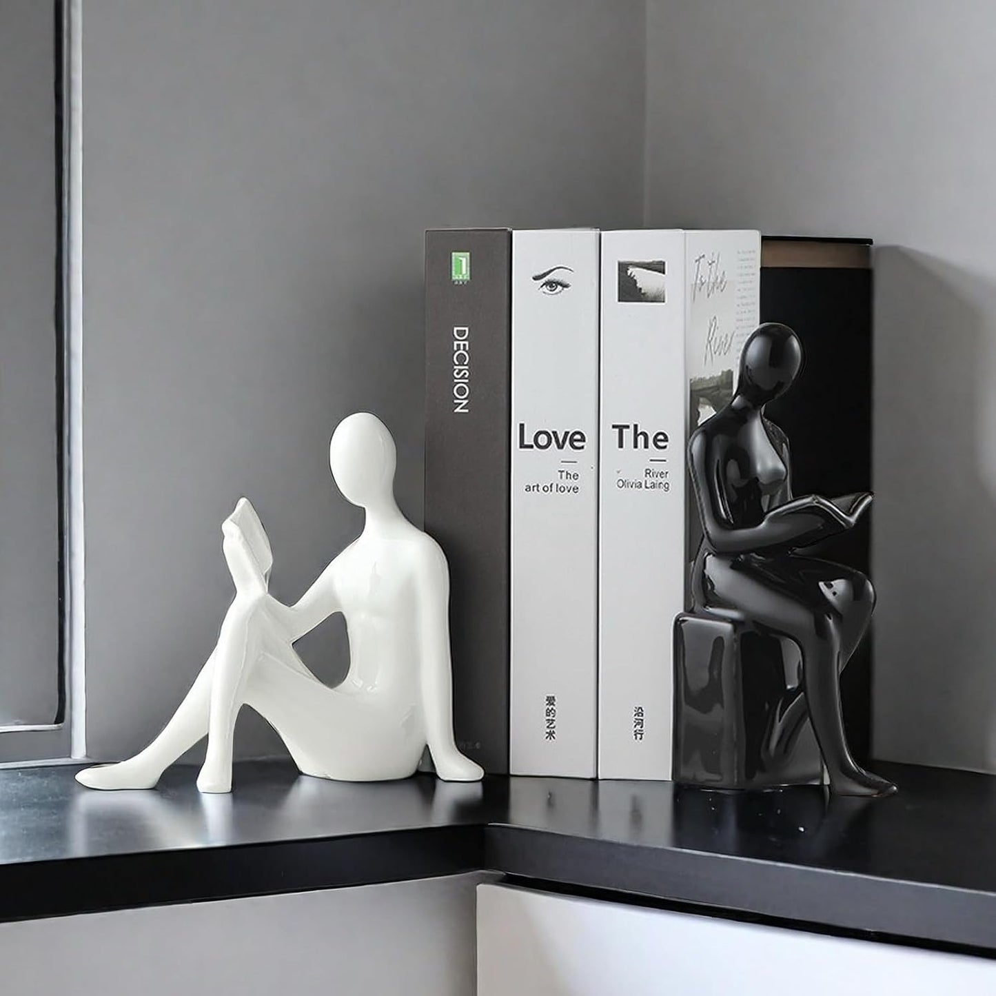 Home Decorative Reading Couple Statue Bookends Elegant Ceramic Bookshelf Room / Black and White
