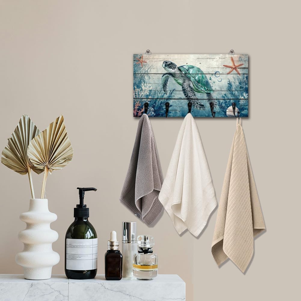 Sea Turtle Ocean Key Holder Key Hooks Organizer Hanger Rack Wall Mounted Wooden Key Rack