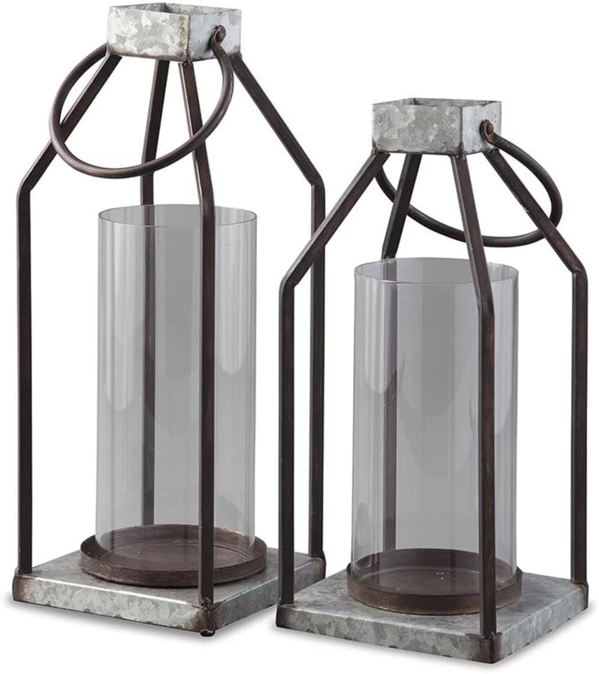 Signature Design by Ashley Diedrick Rustic Lantern, Set of 2, Indoor/Outdoor, Galvanized Metal, Antiqued Finish, Glass