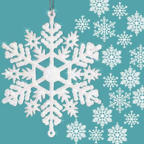 Whaline 40Pcs White Glitter Snowflake Winter Snowflake Ornaments Christmas Hanging Decorations with 197 Inches Silver Rope for Wedding Birthday Home Xmas Tree Window Door Accessories