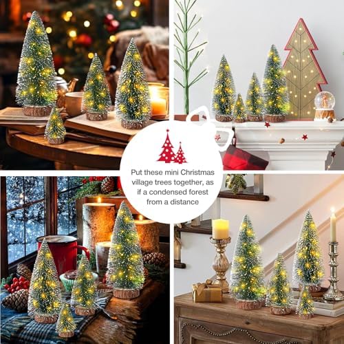 4PCS Mini Christmas Tree with Lights, Bottle Brush Trees, Christmas Table Decorations, Small Christmas Village Trees for Xmas Holiday Party Home Craft (Lighted)
