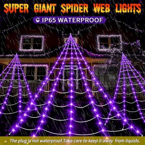 Halloween Decorations Outdoor, 200 LED Halloween Giant Spider Web Lights, 16.4Ft Lighted Spider Web Light up for Yard Haunted House Decor,Purple
