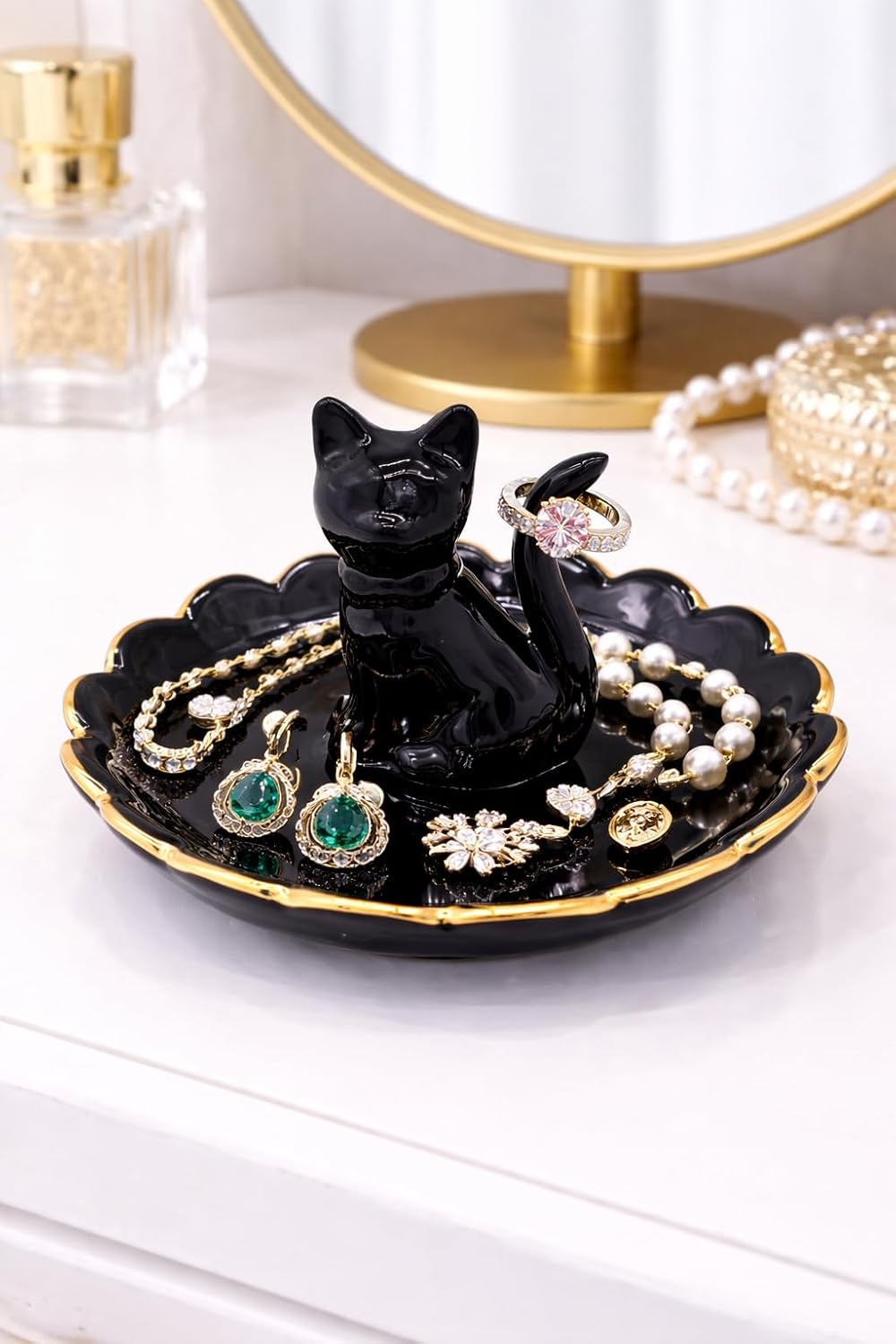 Cat Ring Holder Trinket Tray Ceramic Jewelry Dish Porcelain Ring Organizer / Bowtie Cat Black