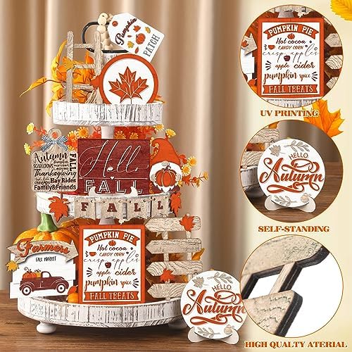 Huwena 16 Pcs Fall Tiered Tray Decor Thanksgiving Table Centerpieces Wood