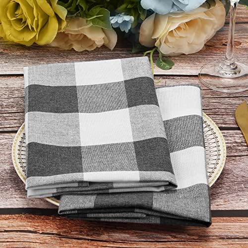 Cotton Cloth Napkins Set of 4, Reusable Dinner Napkins Washable, 20 x 20 Inches Buffalo Plaid Durable Napkins Ideal for Farmhouse Restaurants, Party, Weddings&Everyday Use, Gray and White